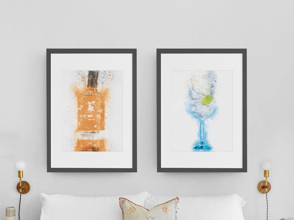 Gin Glass and Gin Bottle set of 2 wall art prints freeshipping - Woolly Mammoth Media