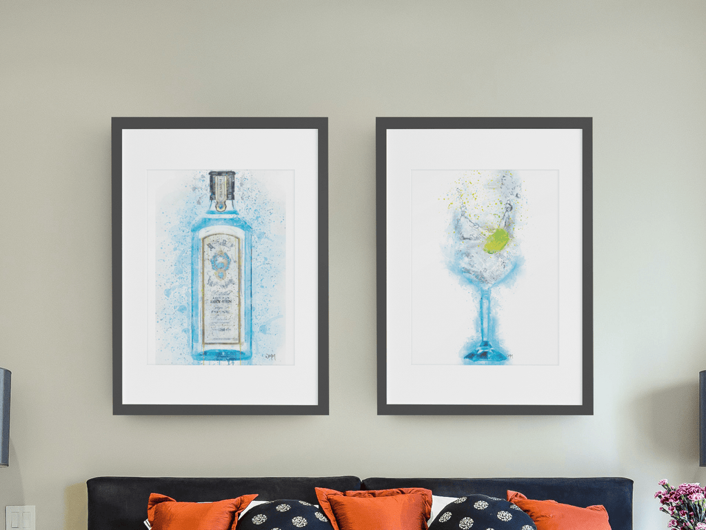 Gin and Tonic + Bombay Gin Bottle Set of 2 Splatter wall art prints freeshipping - Woolly Mammoth Media