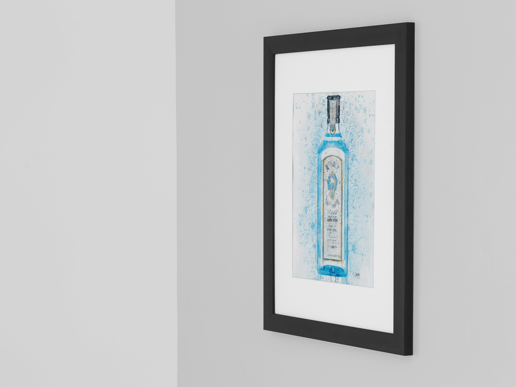 Gin Bottle Wall Art Print 'Bombay Blue' Splatter Art freeshipping - Woolly Mammoth Media