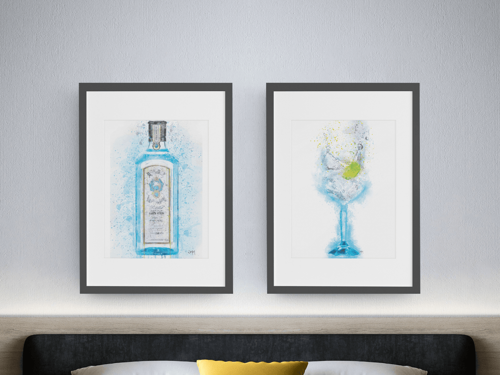 Gin Glass and Gin Bottle set of 2 wall art prints freeshipping - Woolly Mammoth Media