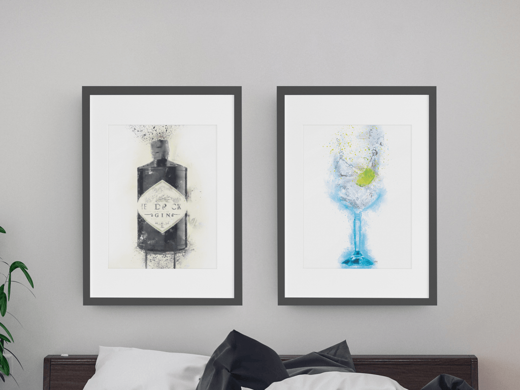 Black Gin Bottle and Gin Glass set of 2 Splatter wall art prints freeshipping - Woolly Mammoth Media
