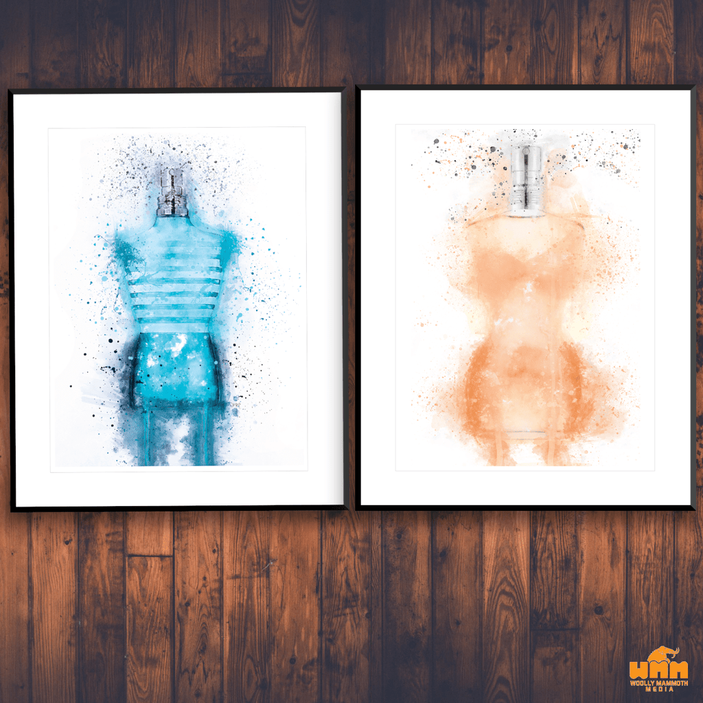 Aftershave and Perfume set of 2 splatter wall art prints freeshipping - Woolly Mammoth Media